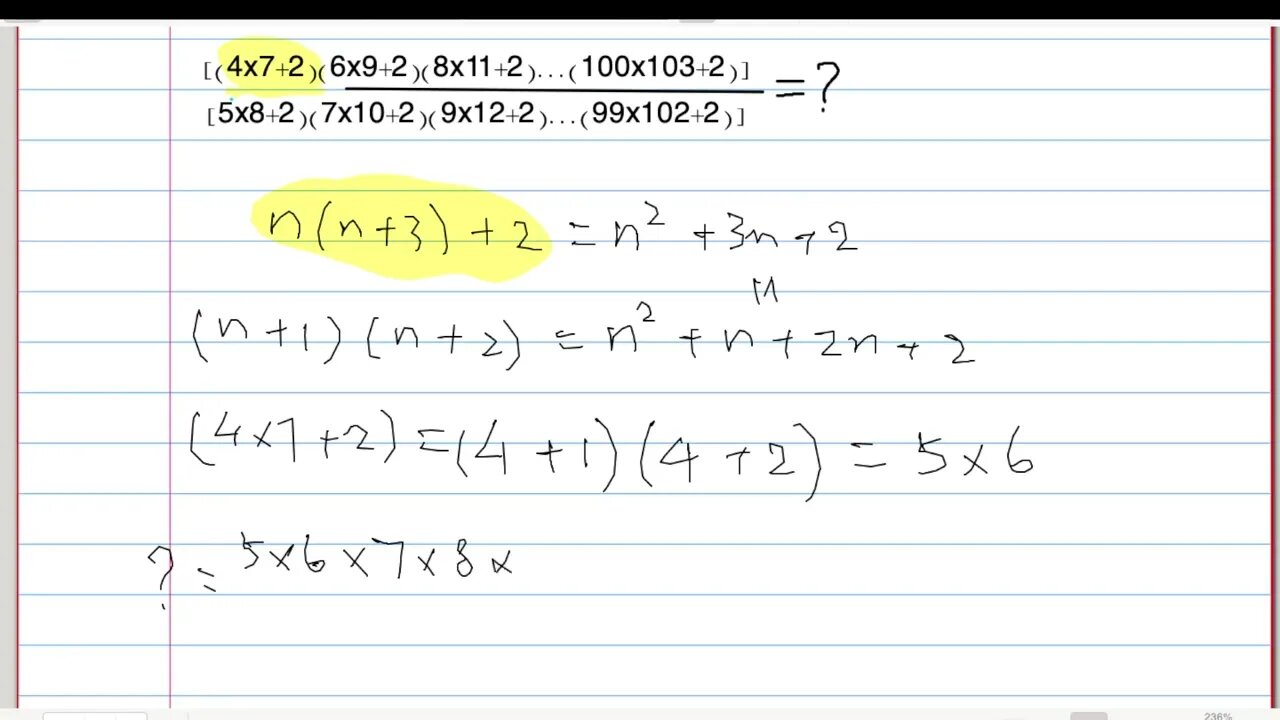 [從零到奧數] #13 求 (4x7+2)(6x9+2)(8x11+2)...(100x103+2)] / [5x8+2)(7x10+2)(9x12+2)...(99x102+2)]