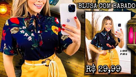 Blusa manga Curta Feminina com Babado/ Estampa Flores/ gola Alto Amarrado/ shopee