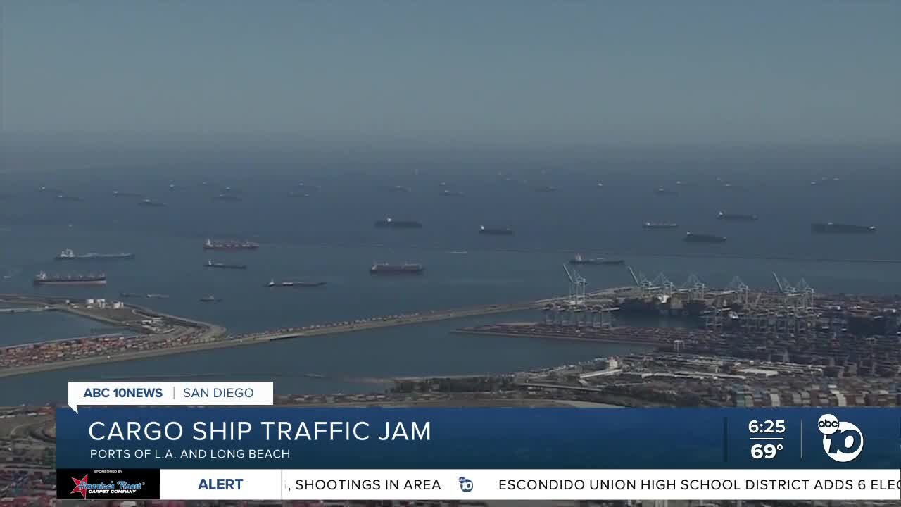 Cargo ships sit waiting outside of Los Angeles, Long Beach ports