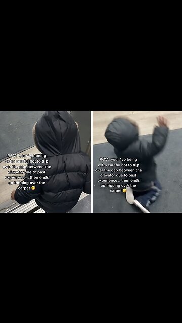 Toddler Tries Not To Trip Over Elevator Gap, Trips From Carpet