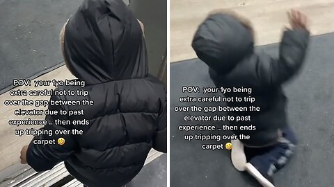 Toddler Tries Not To Trip Over Elevator Gap, Trips From Carpet