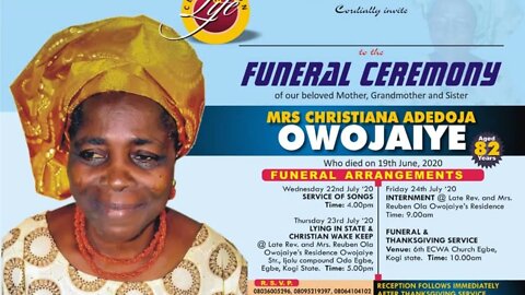 Mrs. Christiana Adedoja Owojaiye Funeral: Service of Songs