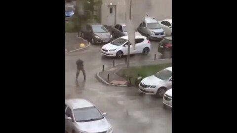 Metal Sheet Gets Taken By The Wind And Slaps Unlucky Man