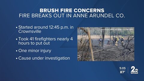 41 firefighters called to contain Crownsville brush fire, one injury reported