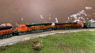 N Scale SD70macs and SD75 slowly descending the hill