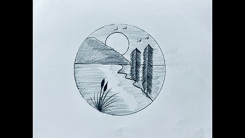 Sunset scenery drawing in circle
