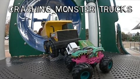 Racing and Crashing Monster Trucks and Tonka Dump Truck