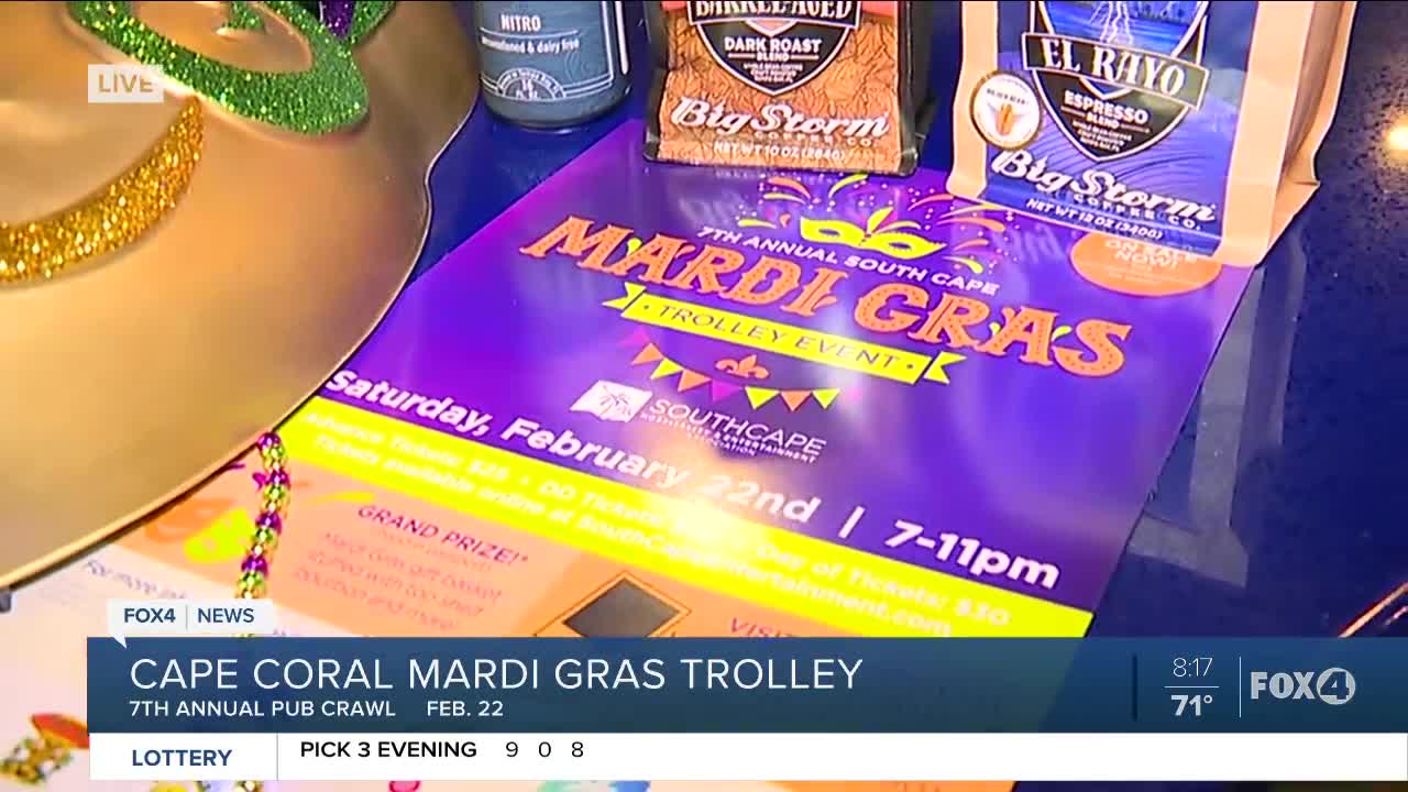 Mardi Gras trolley stop at Big Storm Brewery