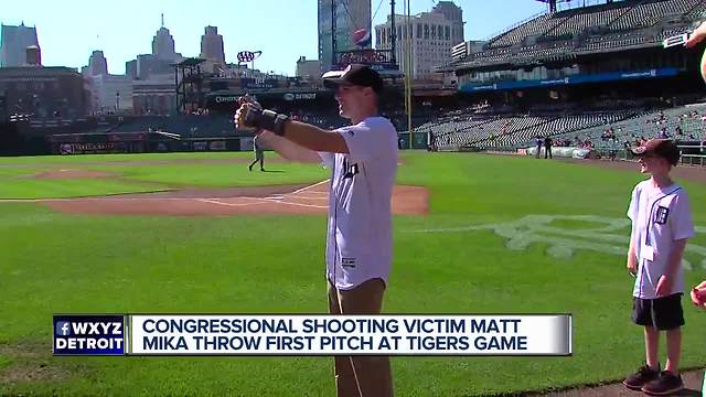 Congressional shooting victim Matt Mika throws first pitch at Tigers game
