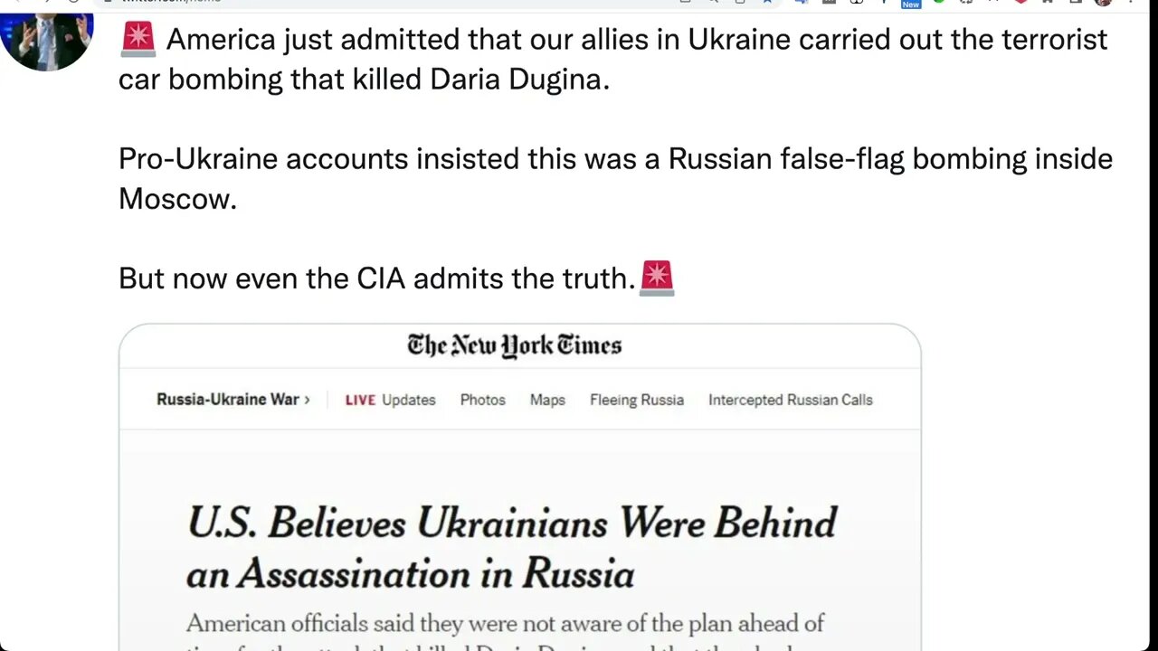 🟨《紐約時報》：美國認為，造成達里亞·杜吉娜死亡的恐怖汽車爆炸案是烏克蘭幕後黑手。 🟨