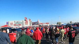 Walking with the Niner Faithful through the parking lot to Levi's Stadium