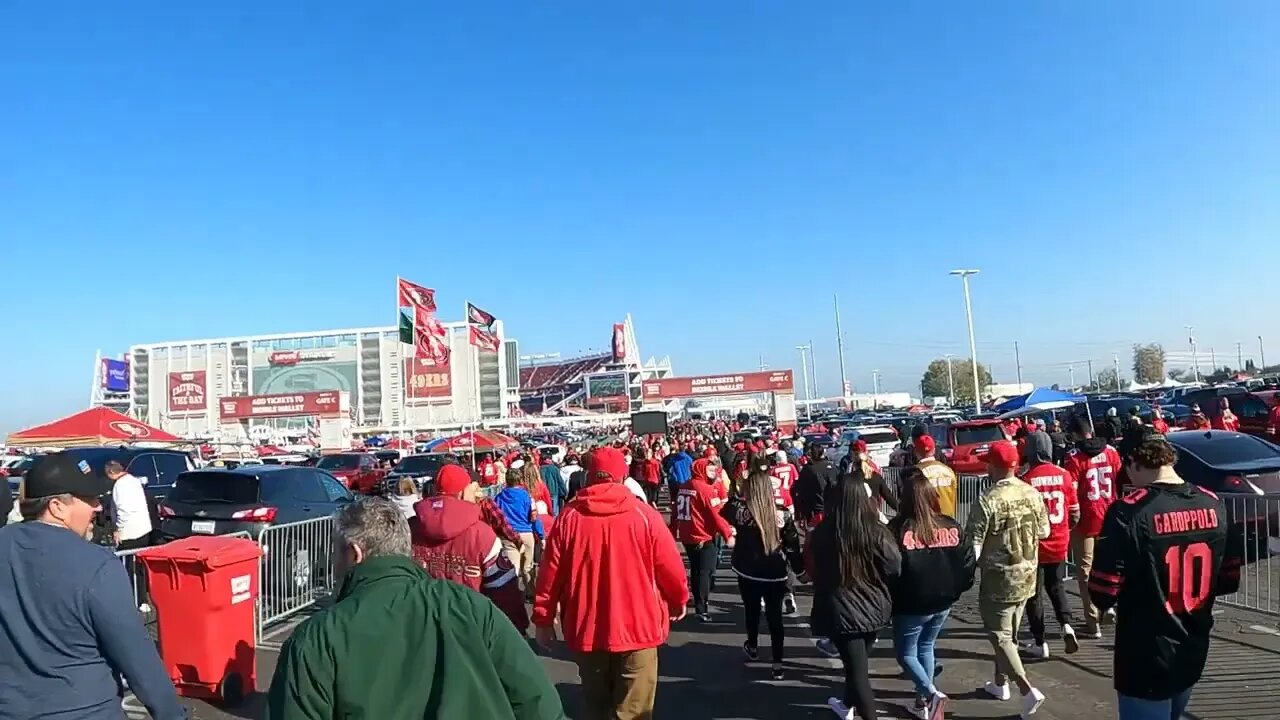 Walking with the Niner Faithful through the parking lot to Levi's Stadium
