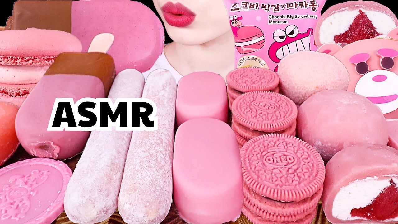 ASMR MUKBANG｜PINK DESSERT PARTY *CHOCOLATE, ICE CREAM, HERSHEY, OREO, DONUT, RICE CAKE 핑크색 디저트 먹방