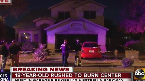 18-year-old taken to burn center after garage catches on fire