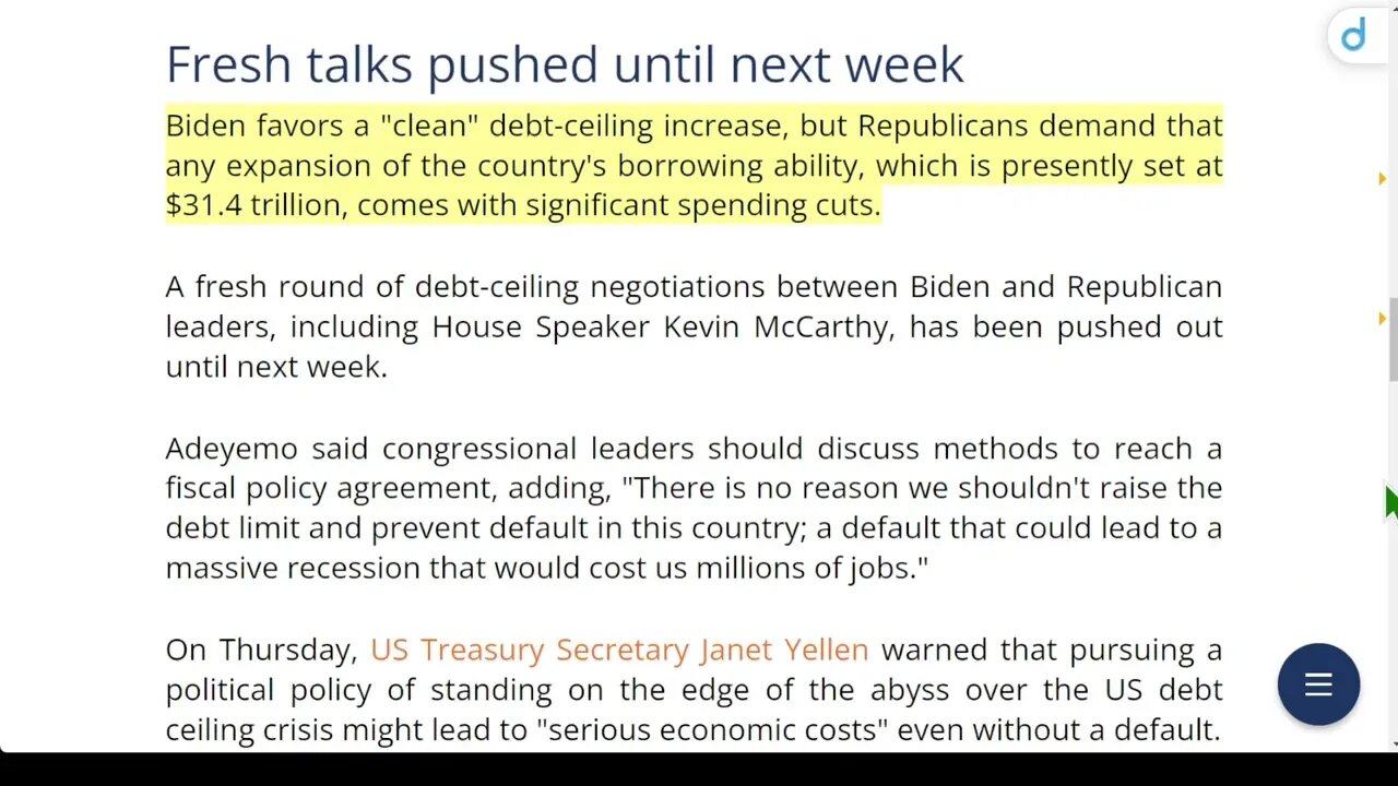 美國財政部長阿德耶莫：如果美國債務違約，經濟衰退迫在眉睫