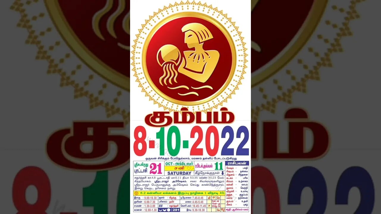 கும்பம் || இன்றைய ராசிபலன் || 08|10|2022 சனிக்கிழமை