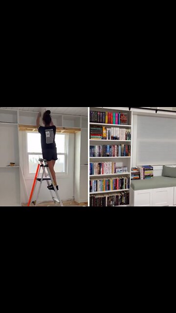 Times lapse captures construction of home library with ladder