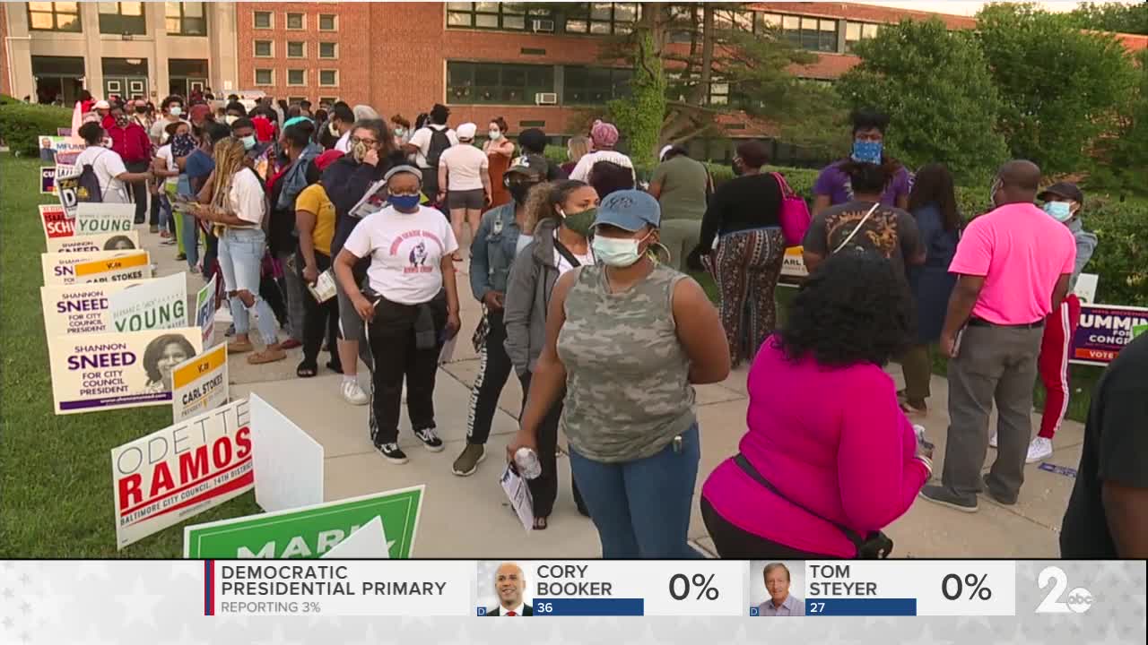 People gather in long lines to make their voices heard for Maryland primary