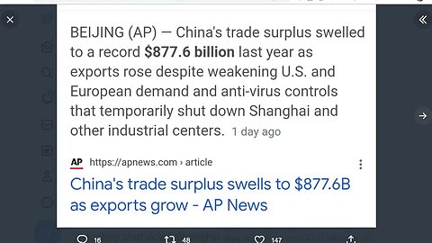 2022年中國貿易順差達到8776億美元，比已經創歷史新高的2021年增長30%。對美貿易順差佔近一半，為4040億美元。