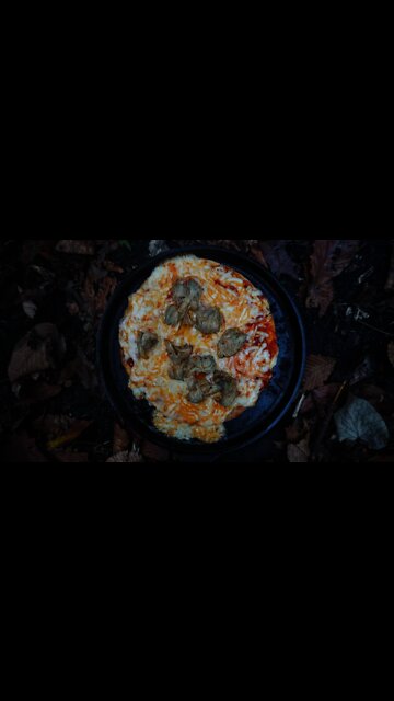 Giant Lion's Mane Mushroom and Pizza in the wild. Campfire cooking pizza recipe.