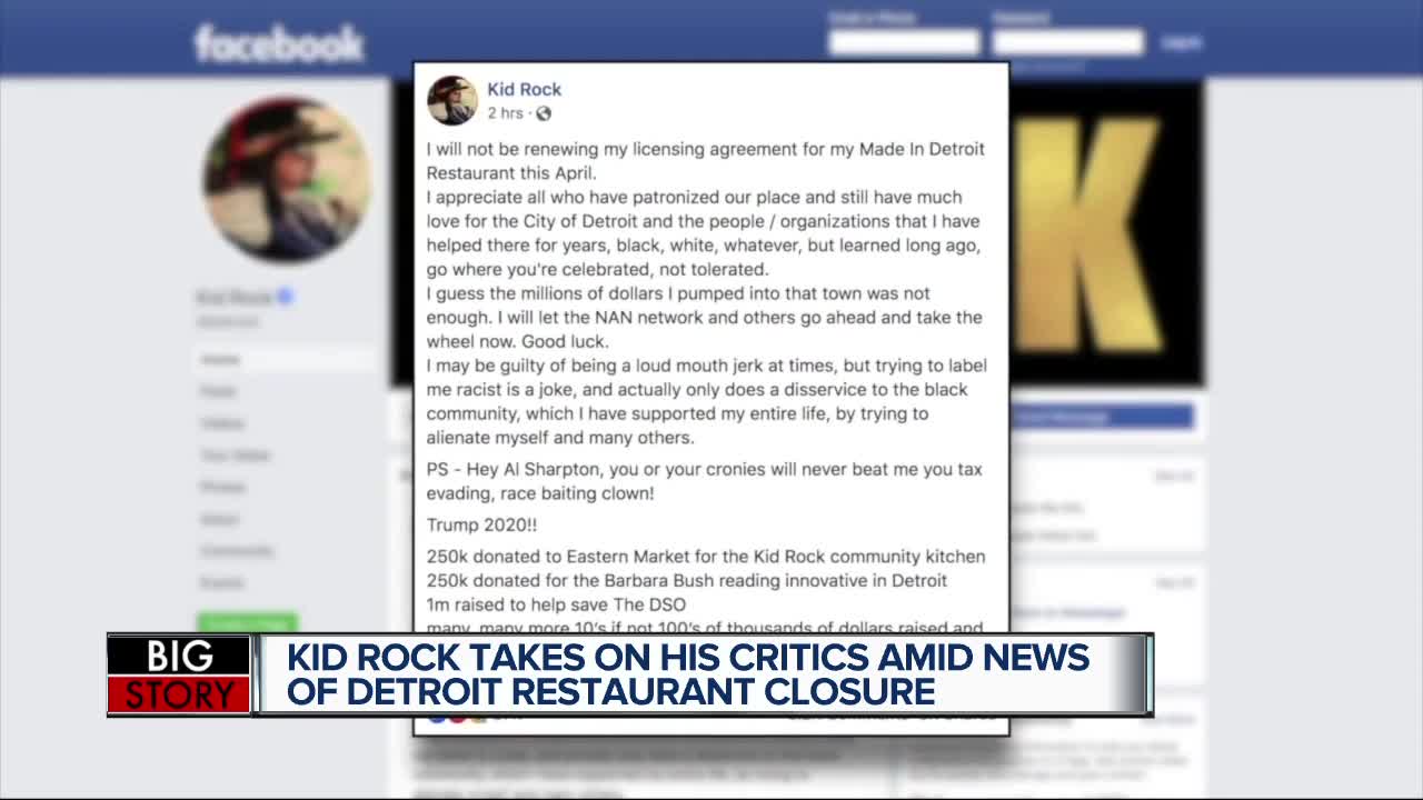 Kid Rock responds after Made in Detroit restaurant closing