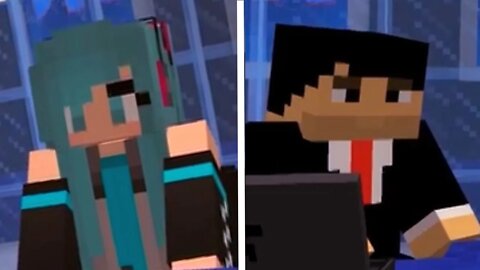 Hatsune Miku e William Bonner apresentando uma máquina do Minecraft