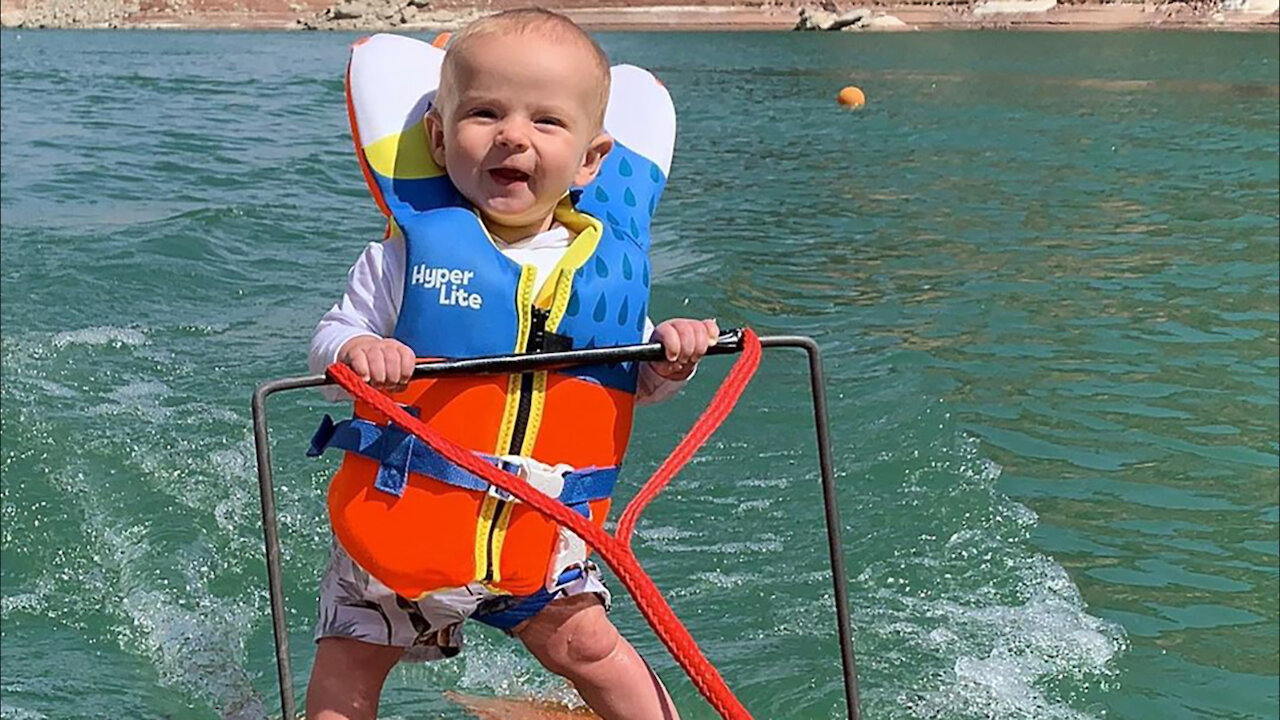 Baby breaks record becoming youngest person ever to water skiing.