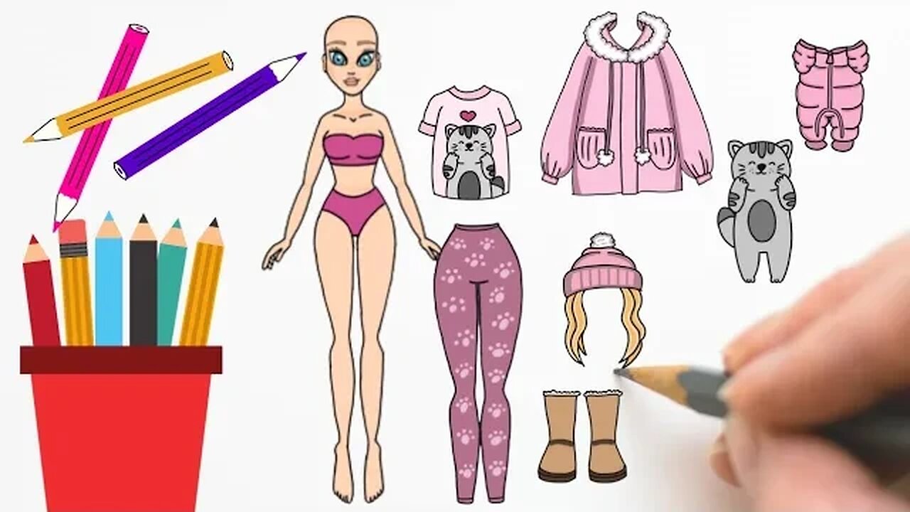 COMO DESENHAR BONECA DE PAPEL INVERNO+ROUPAS+GATO+ ROUPA PET #bonecadepapel #paperdolls