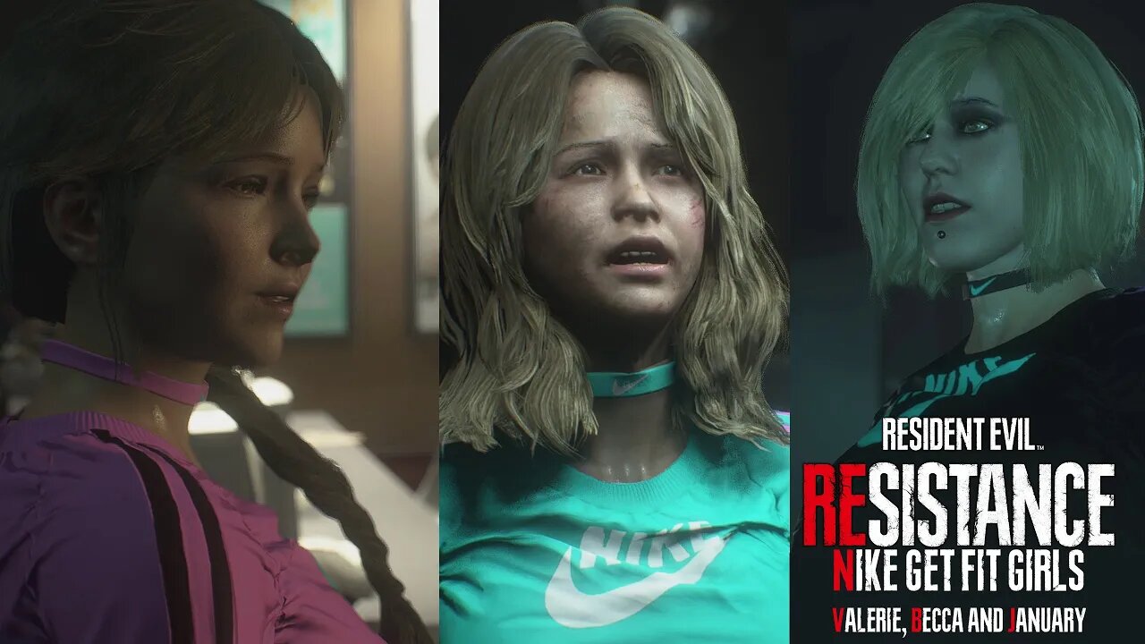 Jill as Valerie, January and Becca from Resident Evil resistance Nike Get fit mod