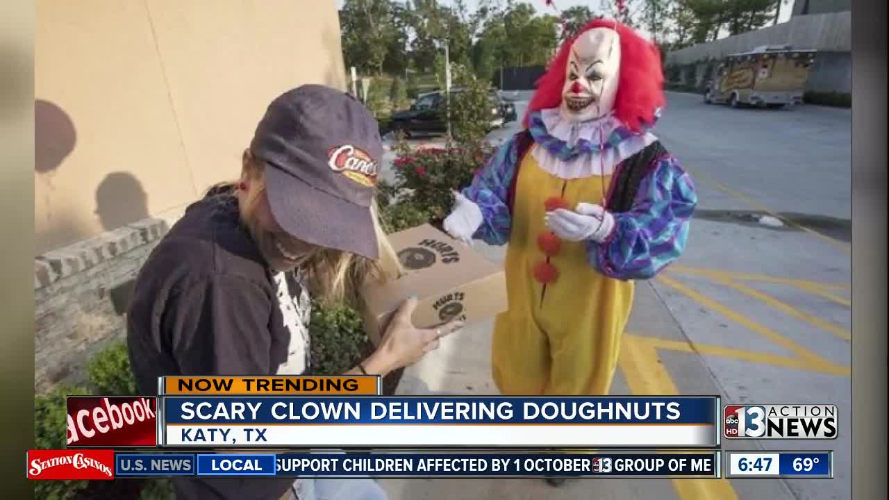 Scary clown delivering donuts