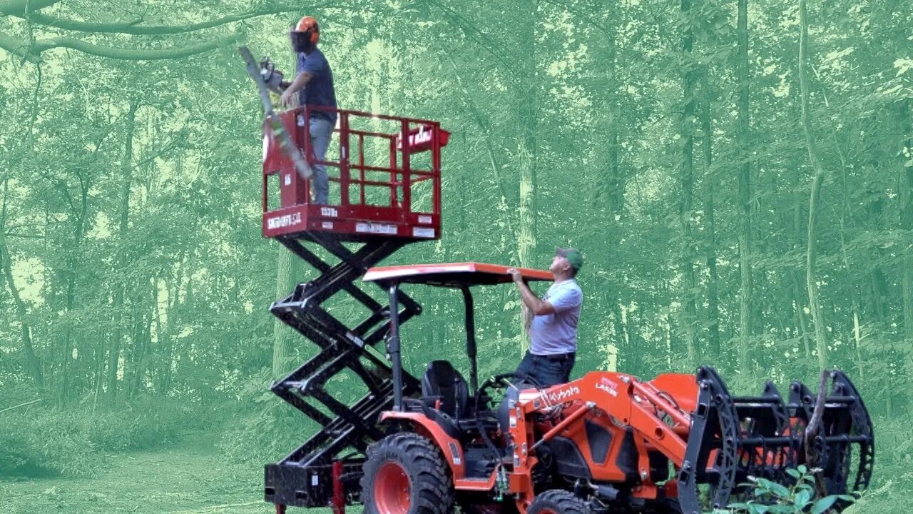 Compact Man Lift on Compact Tractor! Cut Tree Branches Safely!