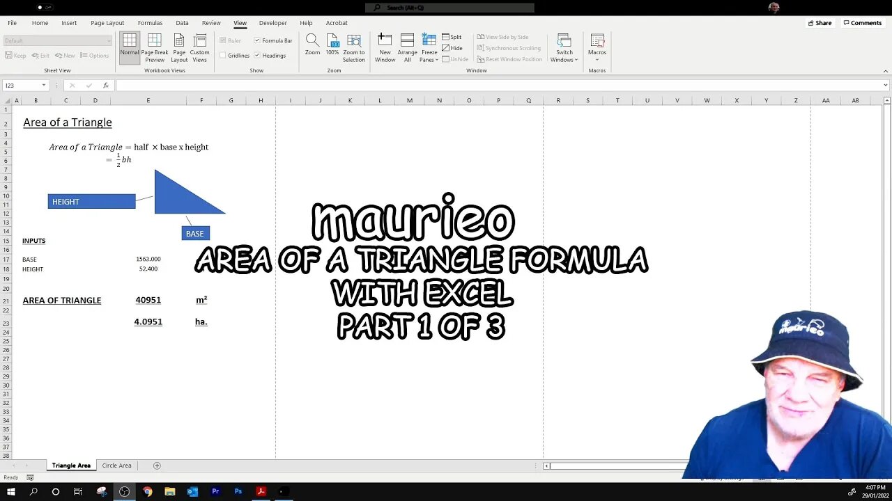 maurieo AREA OF A TRIANGLE FORMULA WITH EXCEL PART 1 OF 3