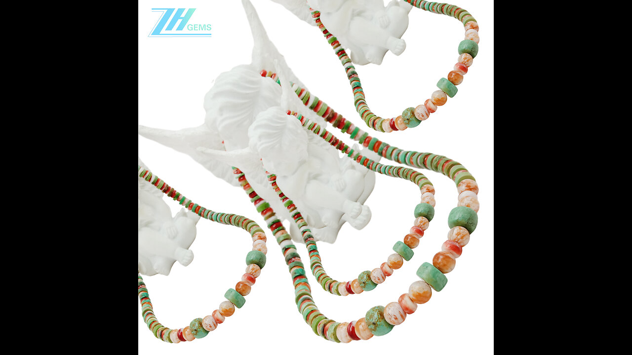 Natural turquoise and spiny oyster Snowflake Ghost Quartz Multi Stone Beaded Necklace01