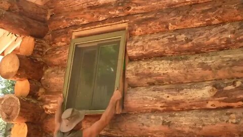 Porch Overhang, Install Windows, Stone Floor, Garden Harvest, Off Grid Log Cabin Build Alone, Ep 23