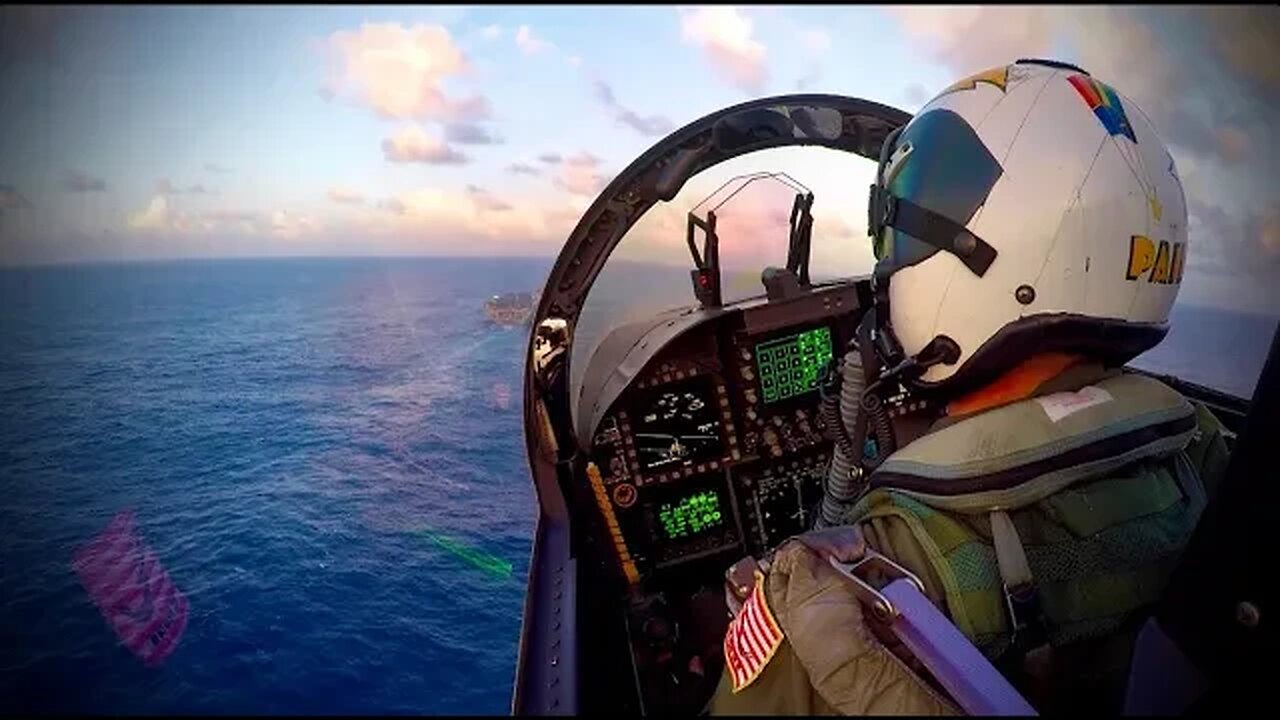 Rails Pass and Spot on the Bow - EA-18G Growler Cockpit View Carrier Recovery OK 3-Wire