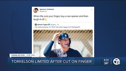 Torkelson limited at Tigers camp after cutting finger