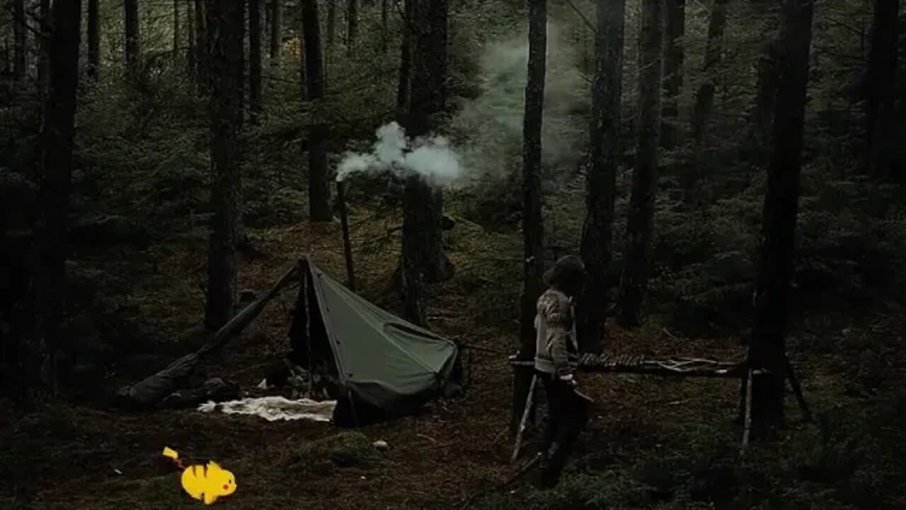 Camping, chopping firewood, making a fire, cooking smoke, living alone in the mountain forest, who s