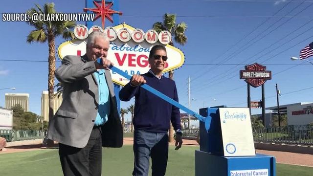 'Welcome to Fabulous Las Vegas' sign goes blue for colorectal cancer awareness