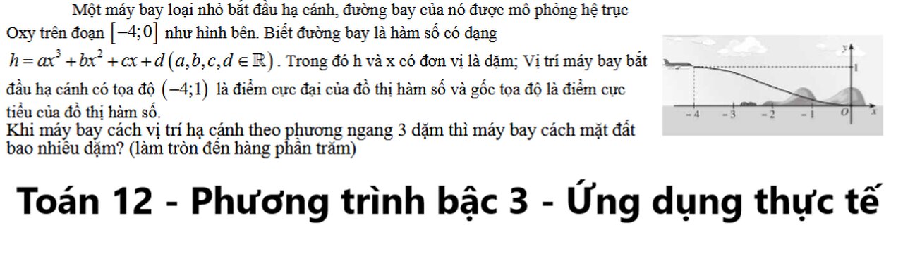 Toán 12: Một máy bay loại nhỏ bắt đầu hạ cánh, đường bay của nó được mô phỏng hệ trục Oxy