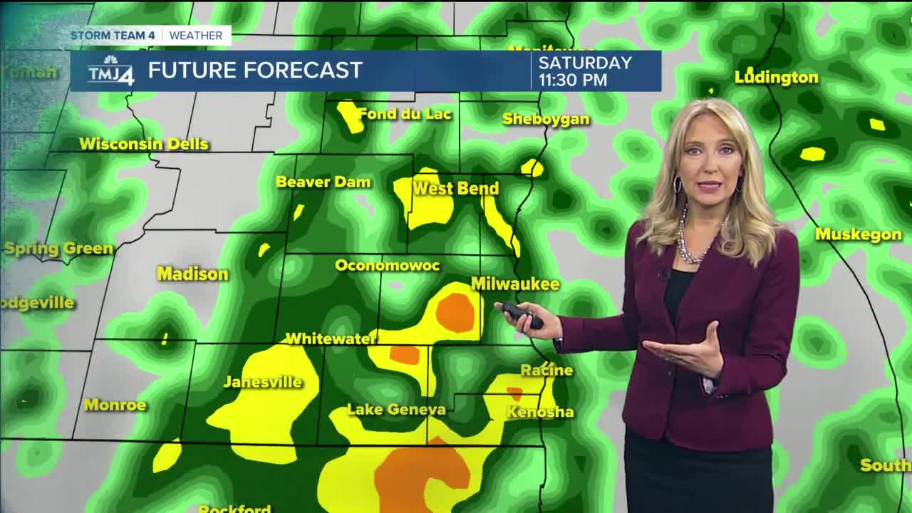 Saturday starts sunny by rain moves in by evening with highs in mid 40s