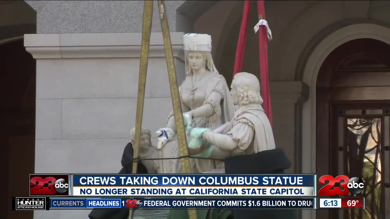 Crews take down Columbus statue at California state capital