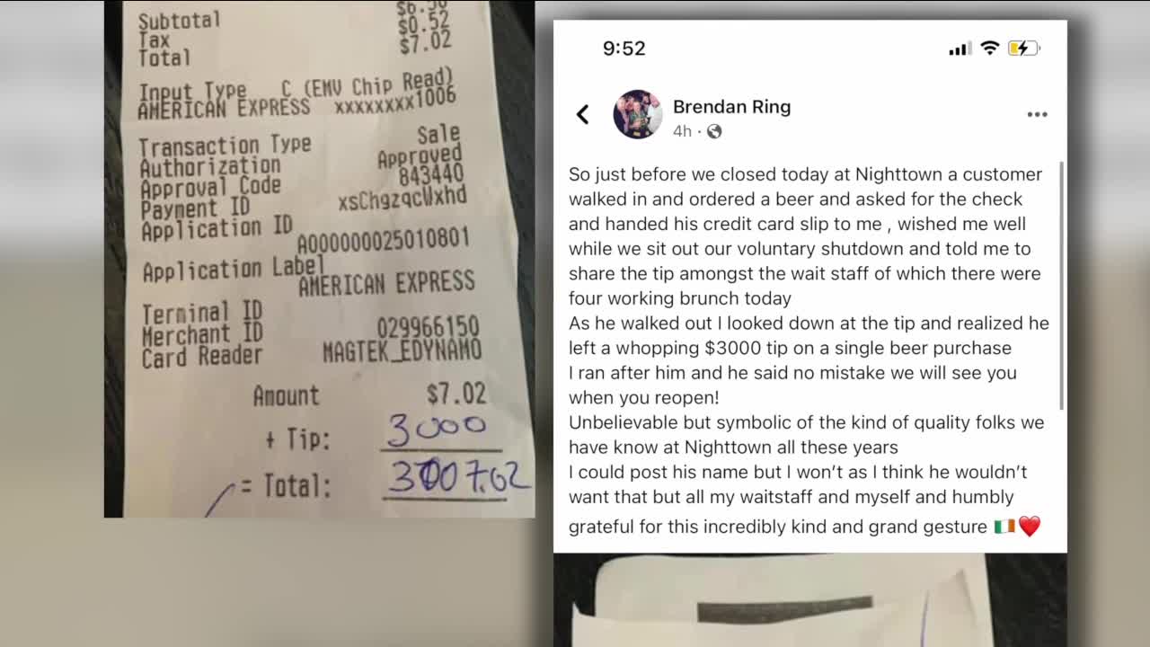 Customer surprises staff at Nighttown in Cleveland, leaves $3,000 tip on single beer purchase