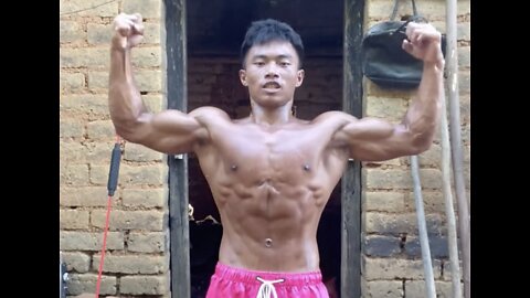 Chinese Rural Fitness Guy show muscle