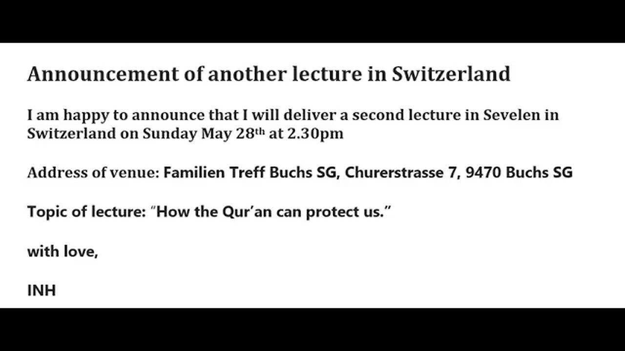 Announcement of another lecture in Switzerland