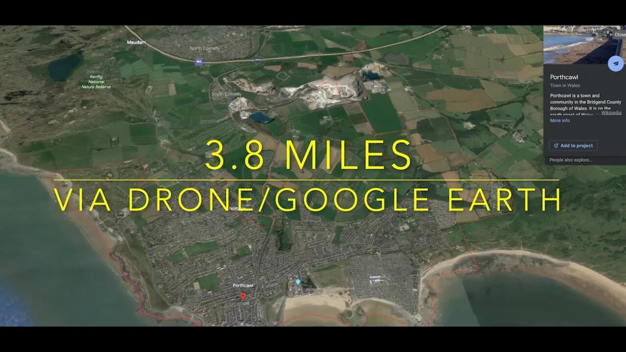 Google Earth/Drone: Stormy Down to Porthcawl Lighthouse (3.8 miles in 2 minutes)