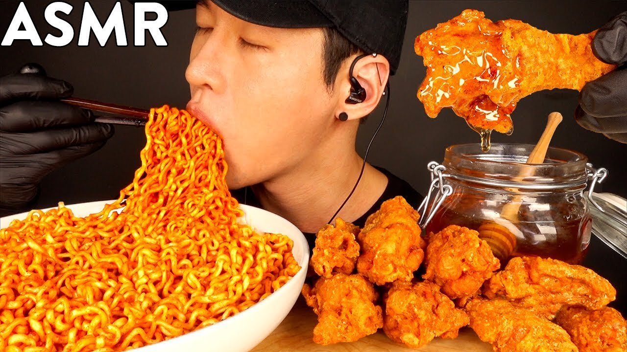 ASMR SPICY FIRE NOODLES & HONEY GLAZED FRIED CHICKEN MUKBANG (No Talking) COOKING & EATING SOUND