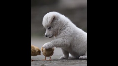 Cute small dog playing with chicks