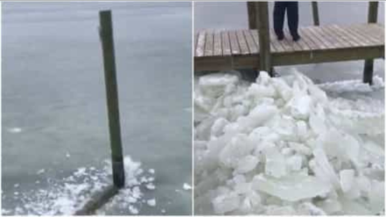 Sjøis presser mot brygge i North Carolina