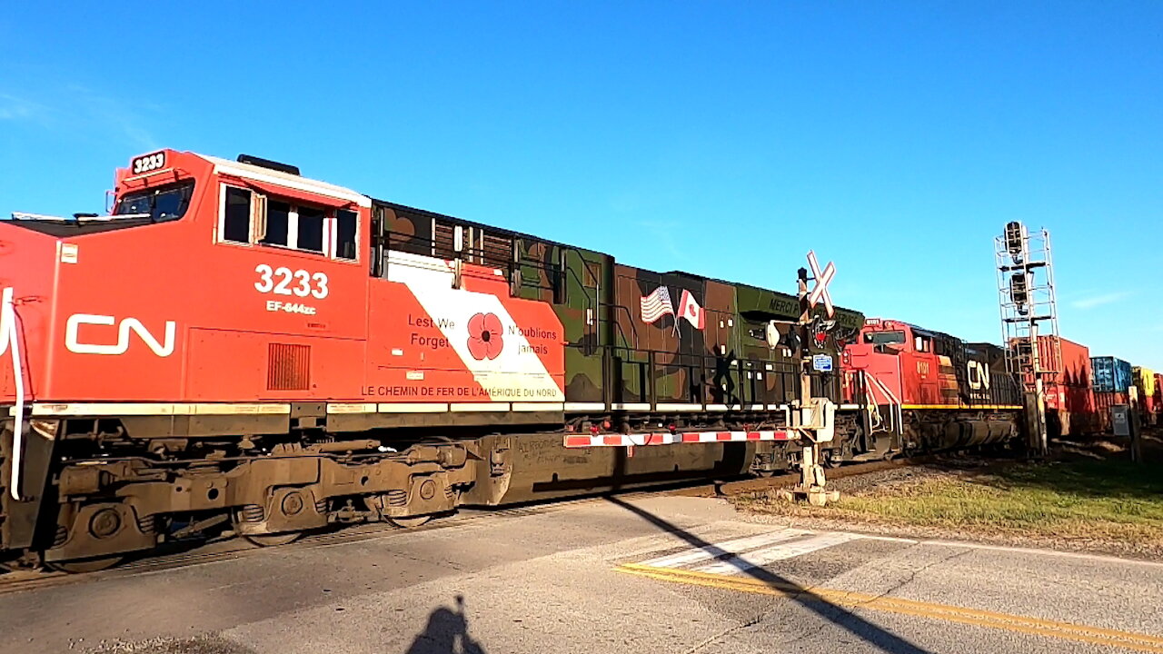 CN 3233 Military Tribute & CN 8101 Locomotives Westbound Stack Train On Strathroy Sub