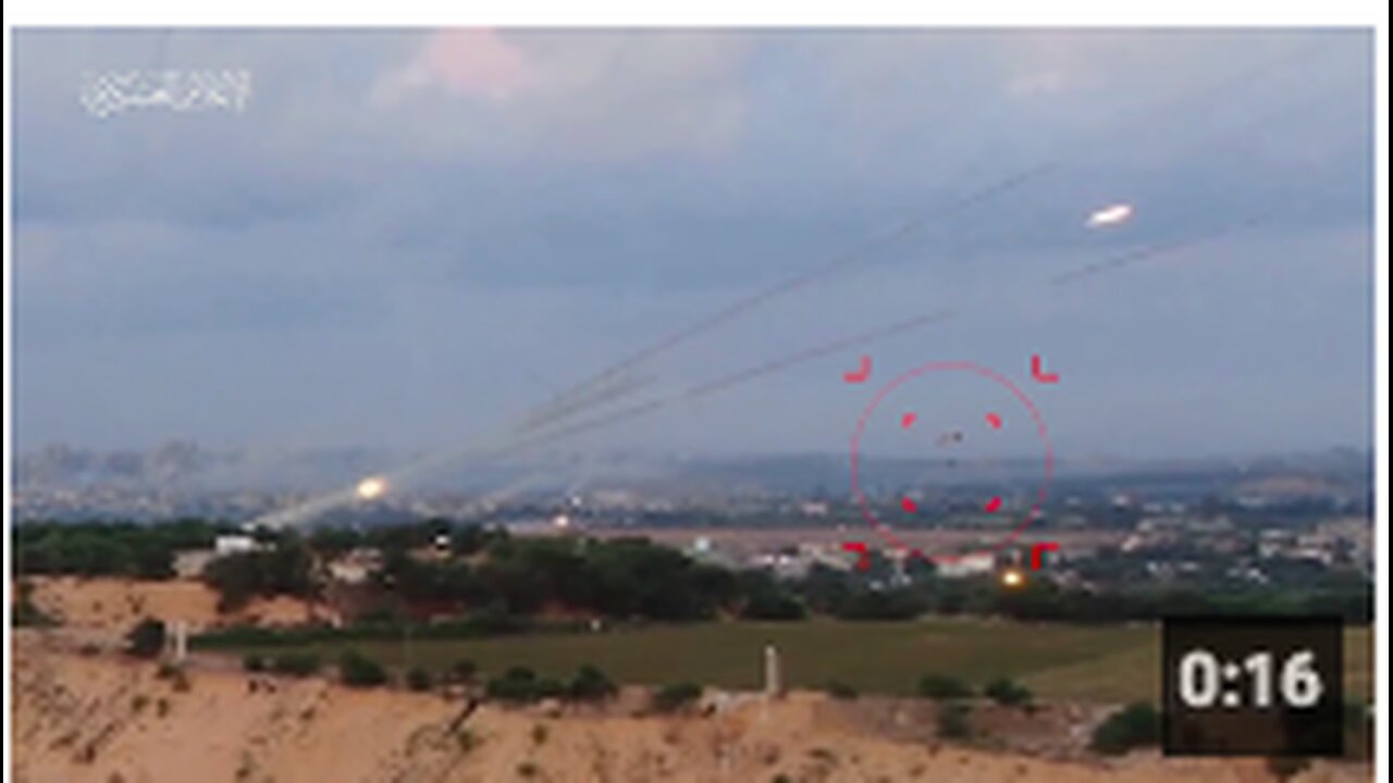 A Palestinian calmly flying a paraglider below the salvo of a working MLRS